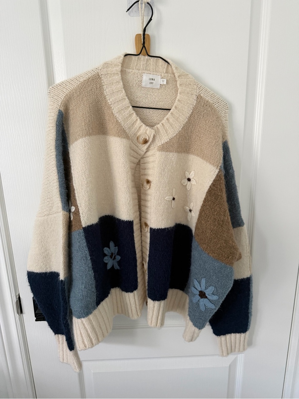Floral Patchwork Oversized Cardigan in Cream & Navy